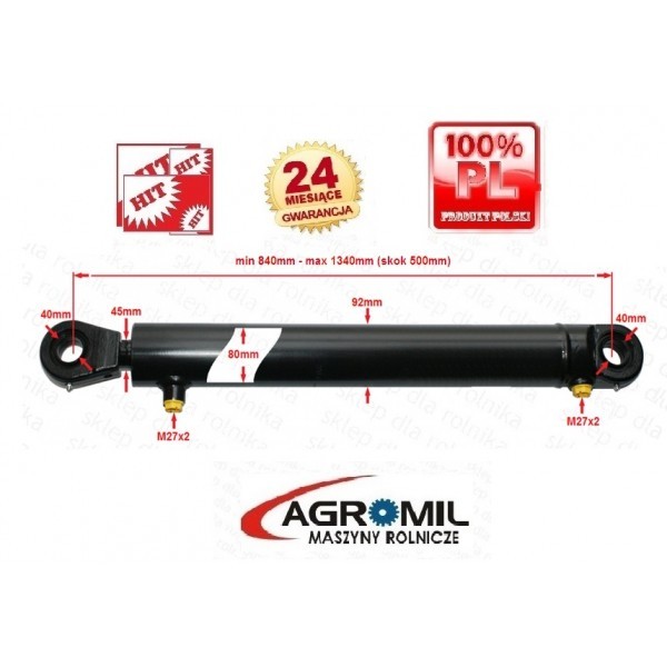 Cylinder siłownik hydrauliczny SKOK 500 L 840 tłok dwustronny — zdjęcie 2