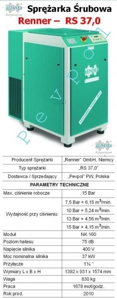 Renner, Kompressoren, Sprężarka Śrubowa, RS 37,0