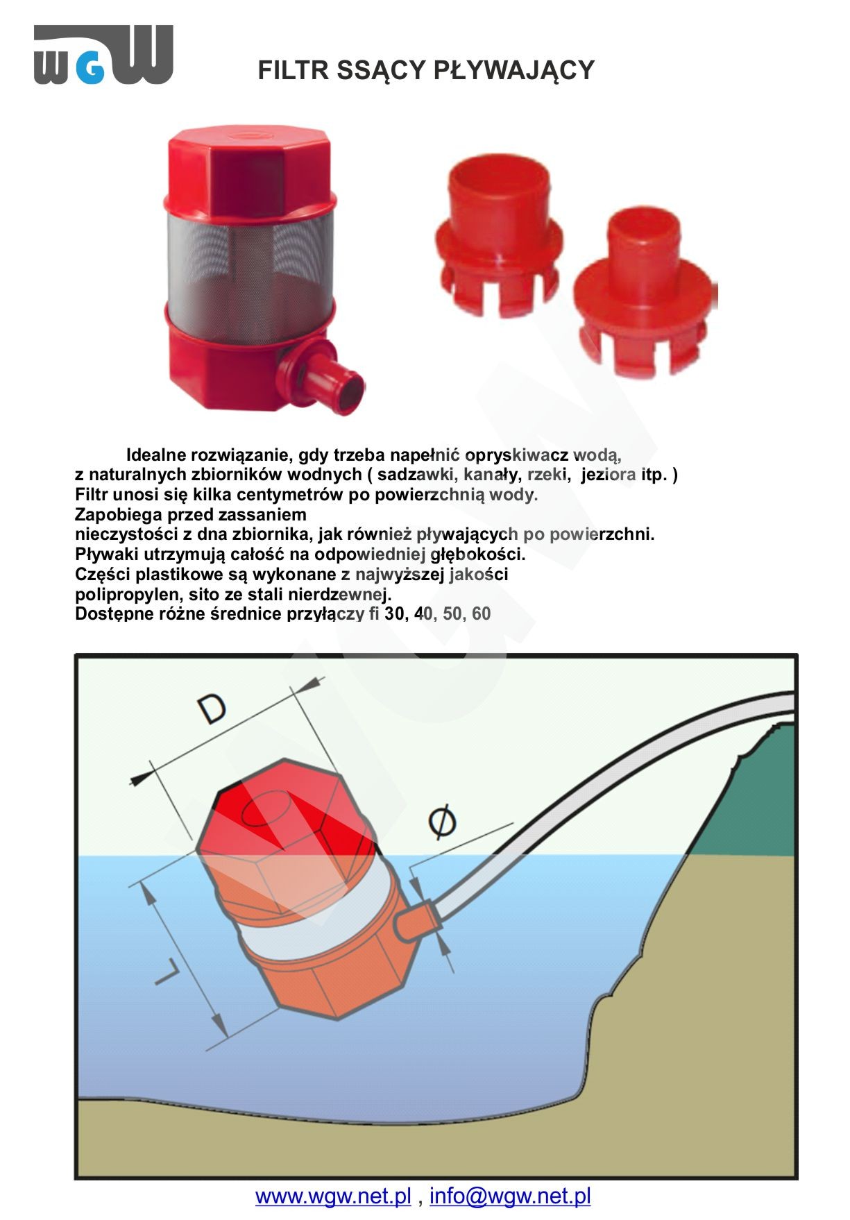 Filtr ssący pływający, opryskiwacz polowy, sadowniczy, zanurzeniowy