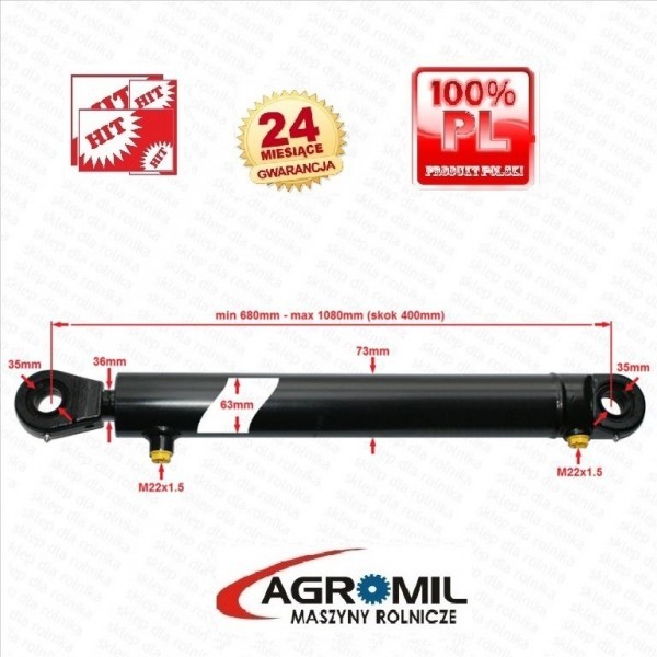 Cylinder siłownik hydrauliczny  SKOK 400 L 680 tłok dwustronny — zdjęcie 2