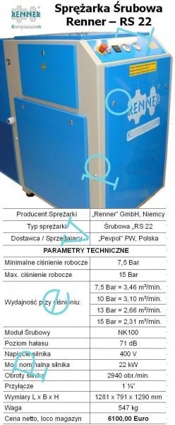 Kompresor, Sprężarka Śrubowa 22 kW, Renner, RS 22