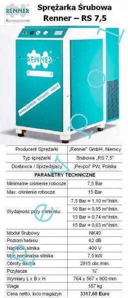 Kompresor, Sprężarka Śrubowa, Renner, RS 7,5