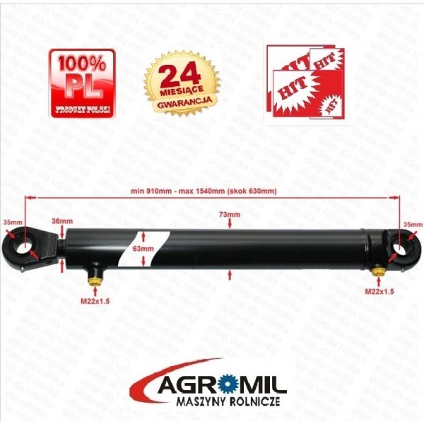 Cylinder hydrauliczny siłownik  skok 630 L 910 tłok 2-str działania — zdjęcie 2