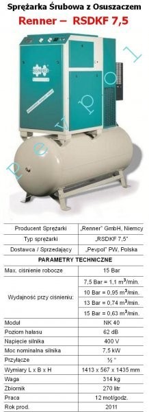Sprężarka Śrubowa z Osuszaczem, Renner RSDKF 7,5