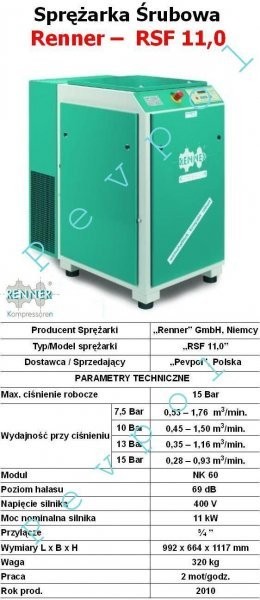 Sprężarka Śrubowa, z Falownikiem, Renner RSF 11,0