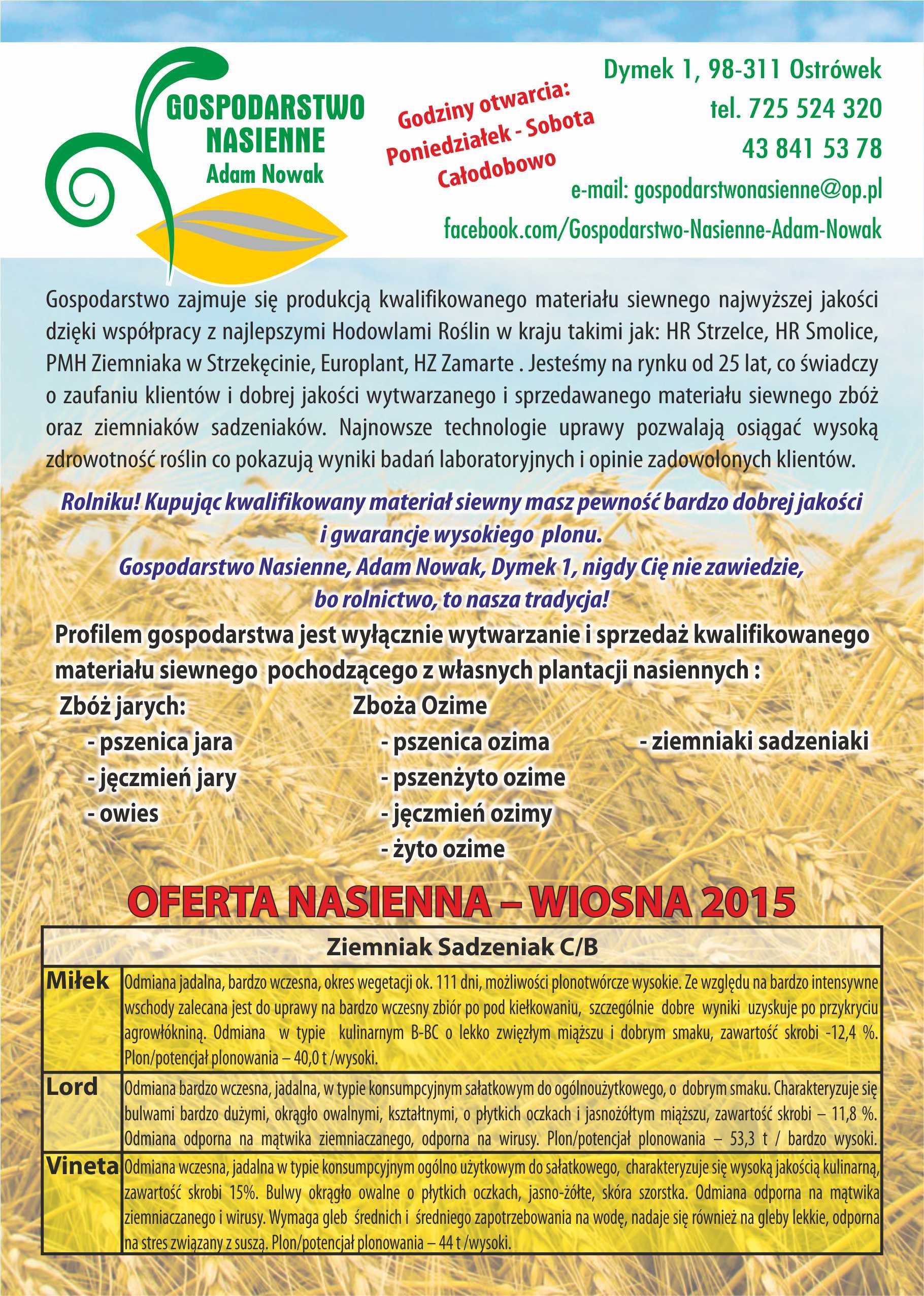 OFERTA NASIENNA – WIOSNA 2015 - Zboża - Ziemniaki Sadzeniaki — zdjęcie 1