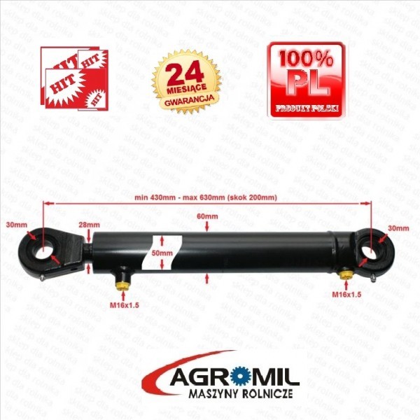 Cylinder hydrauliczny siłownik  SKOK 200 L 430 tłok dwustronny — zdjęcie 2