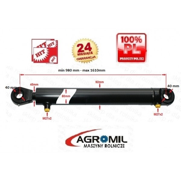 Cylinder hydrauliczny siłownik  SKOK 630 L 980 tłok dwustronny — zdjęcie 2