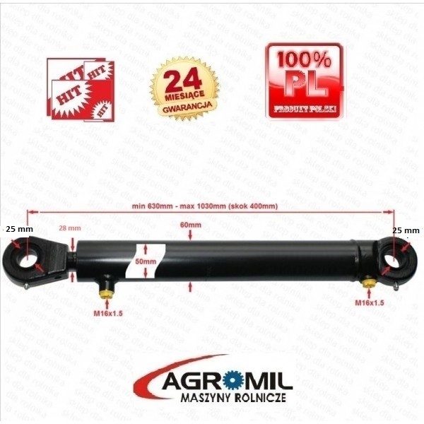 Cylinder hydrauliczny siłownik  SKOK 400 L 630 tłok 2-str działania — zdjęcie 1